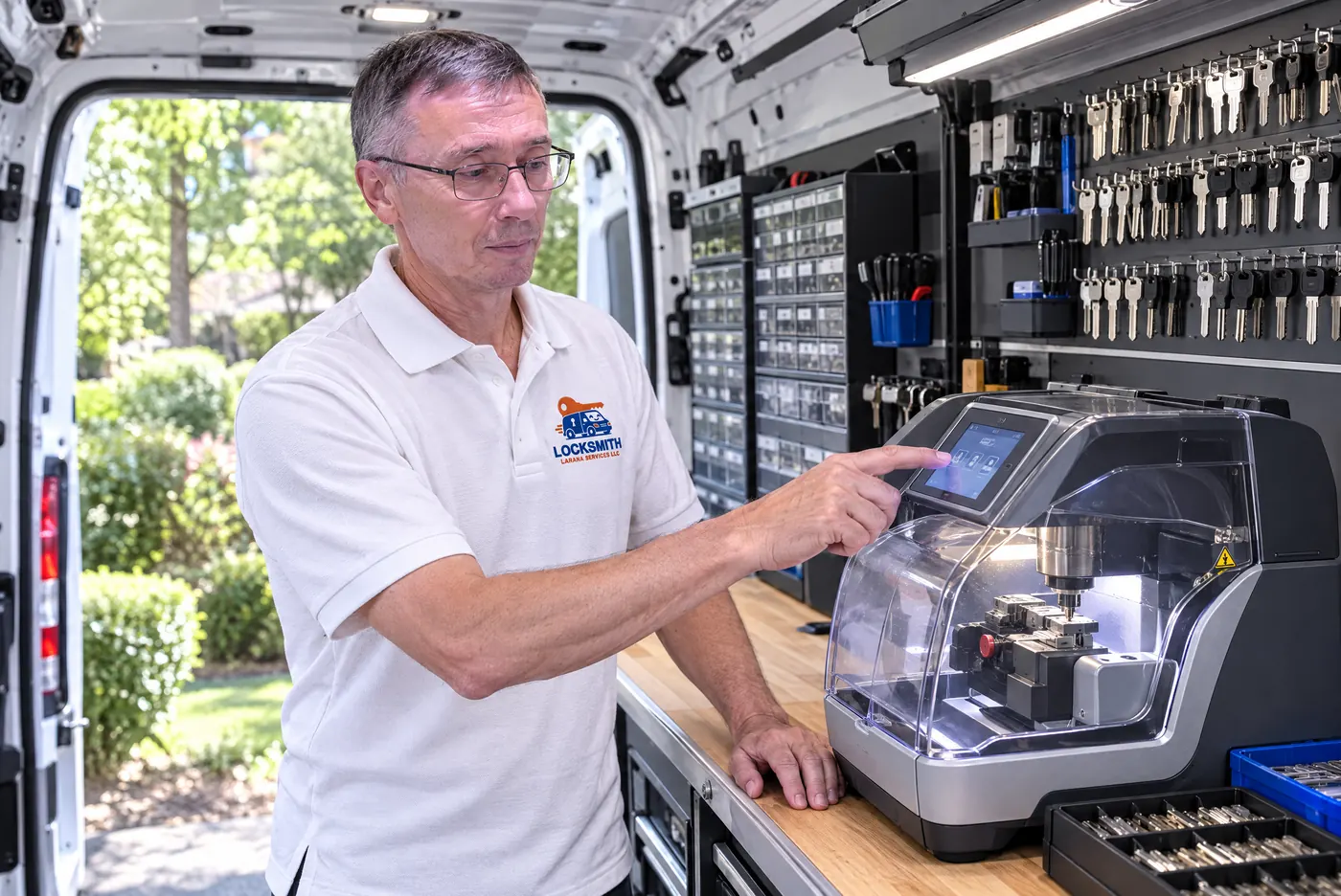 Technician cutting a key on a computerized key machine inside the service van