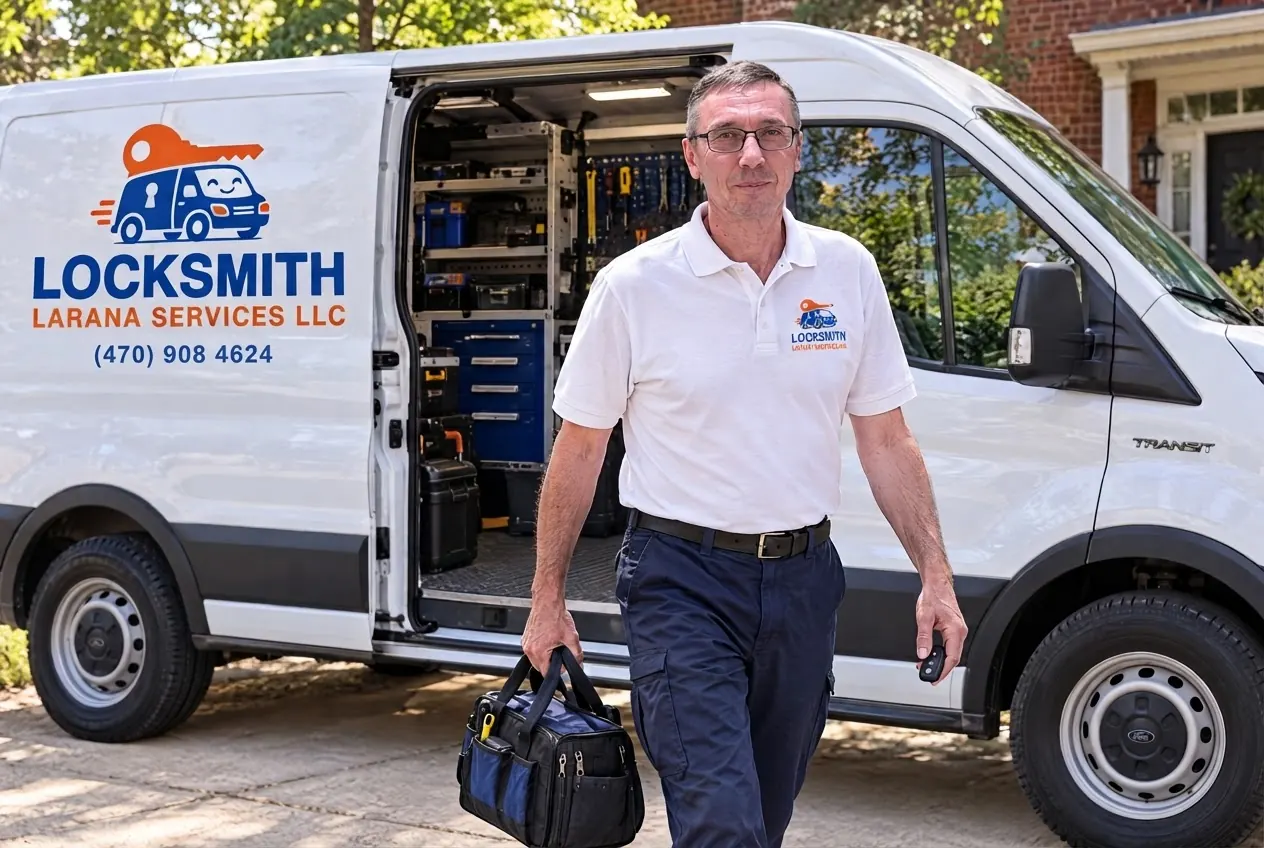 Locksmith Larana technician walking from the service van with a tool bag