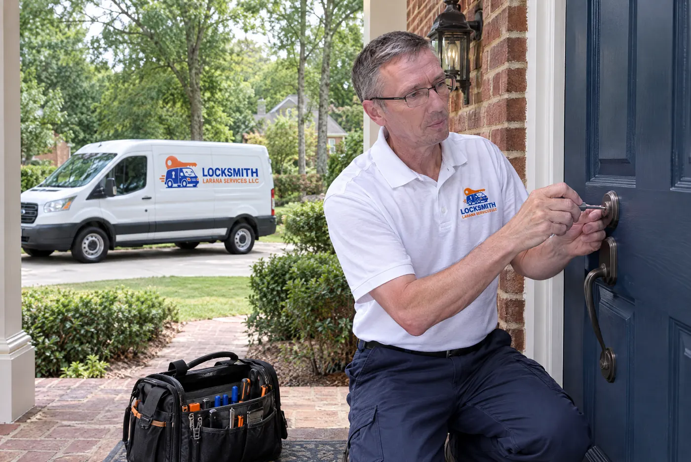 Locksmith Larana technician working on a front door deadbolt, service van parked in the driveway